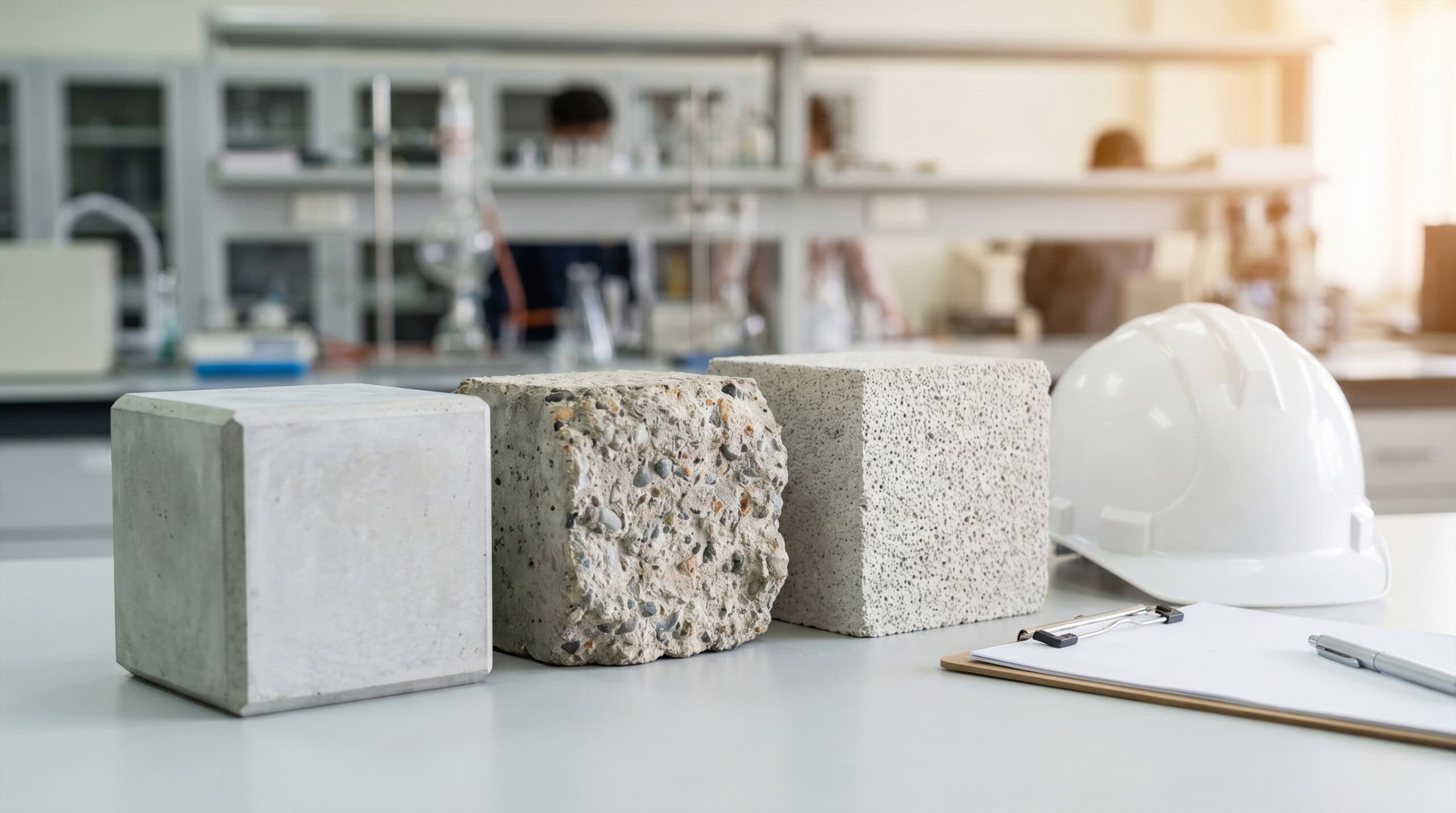 Concrete samples, hard hat, and clipboard in a civil engineering laboratory, emphasizing material testing and building materials