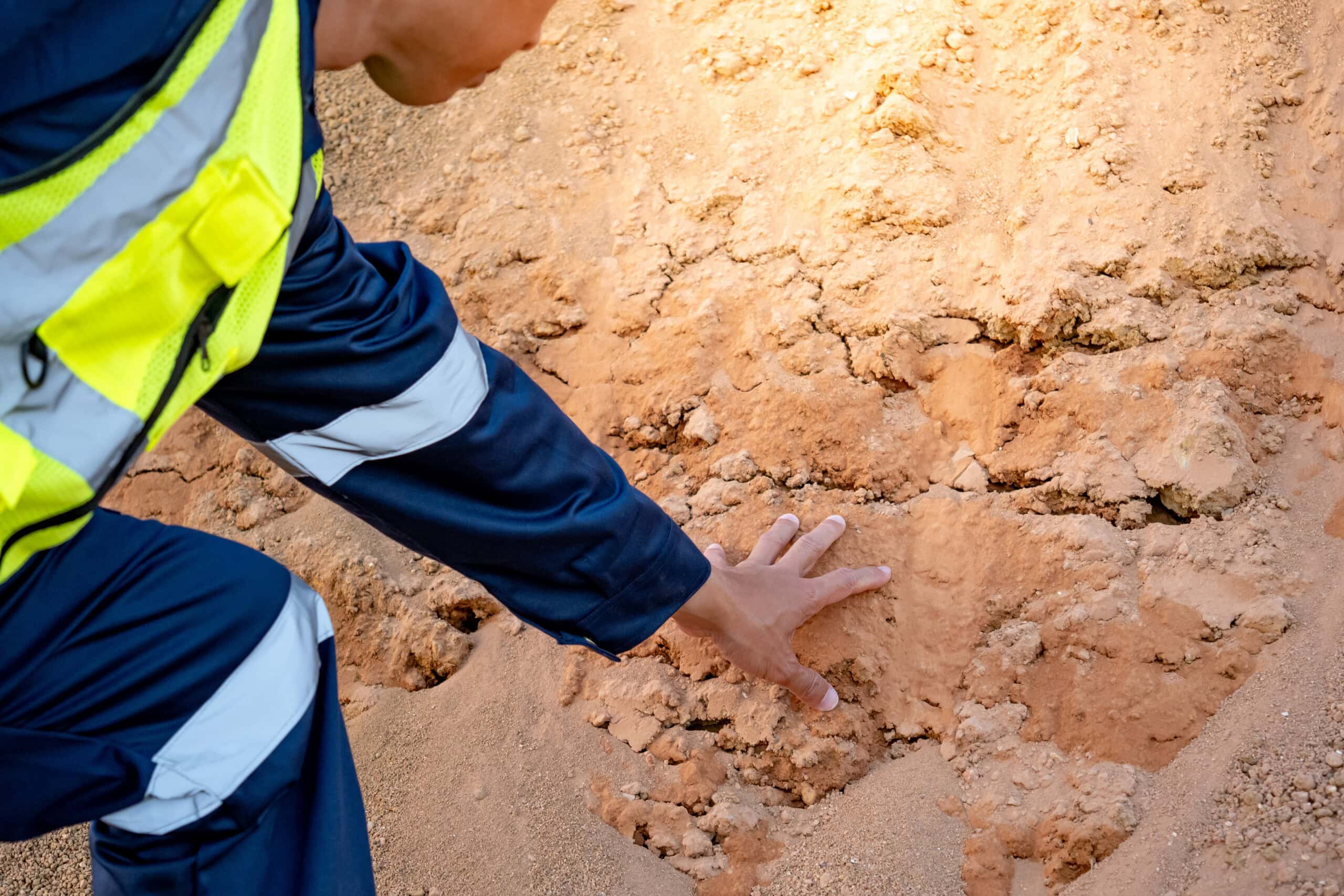 Geotechnical engineer inspects for soil permeability