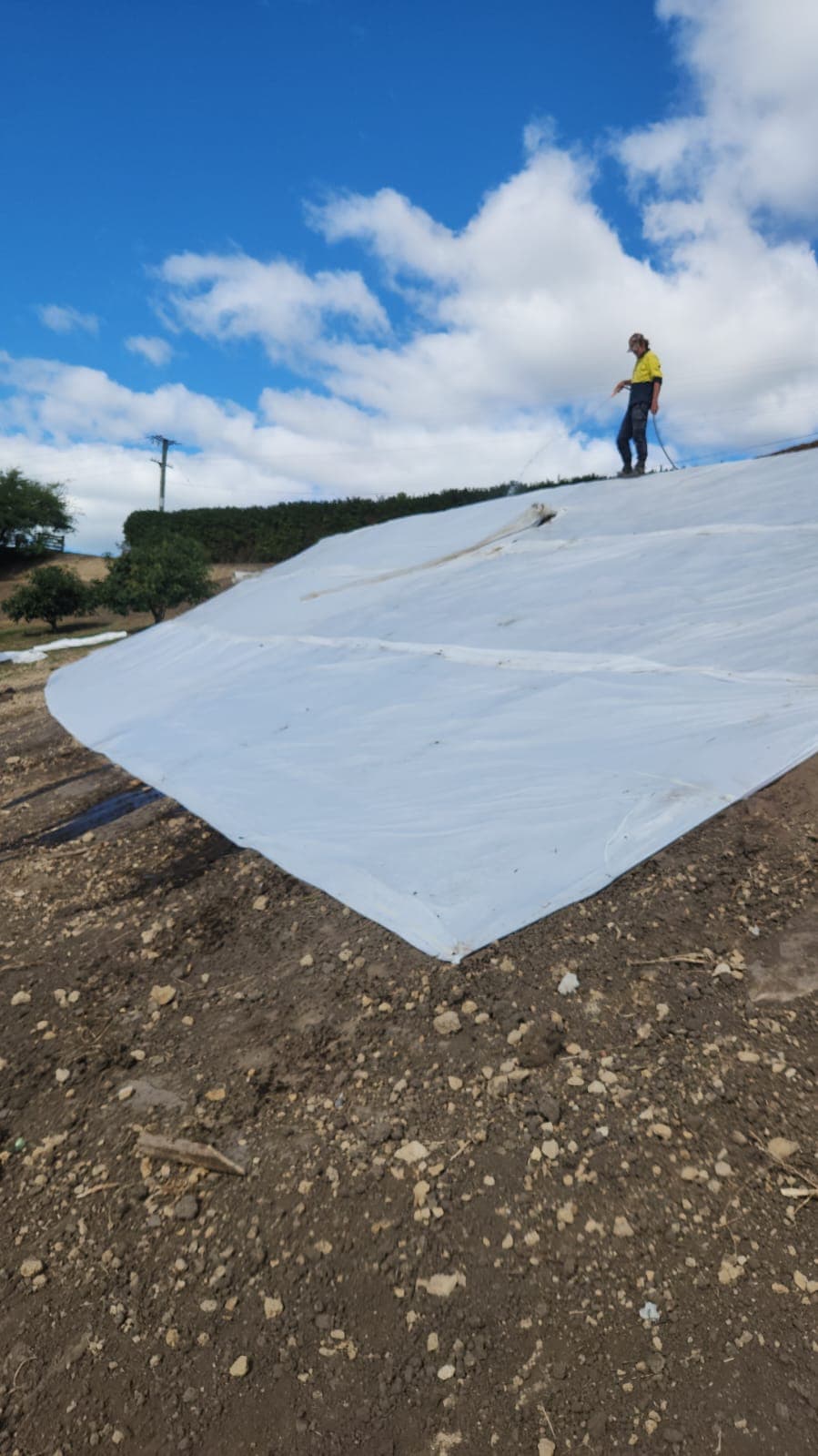 Person standing on white geotextile fabric spread over soil with a blue sky and clouds in the background.