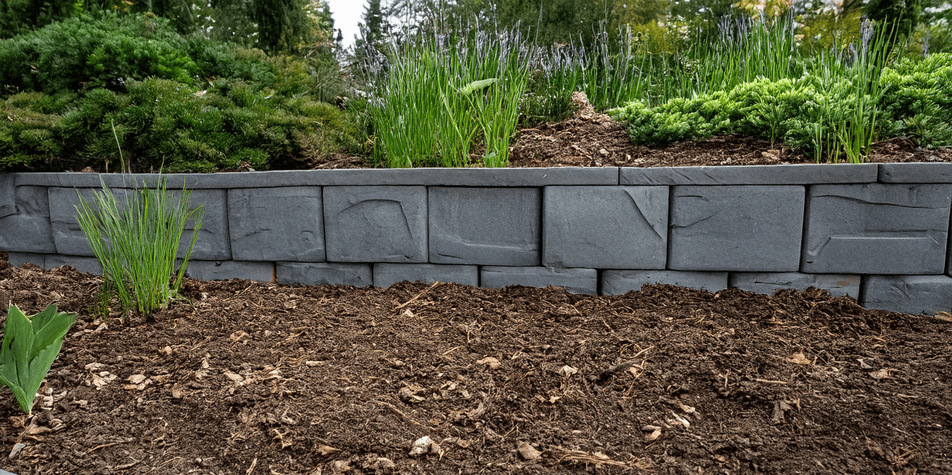 Landscape gardening with concrete block retaining wall