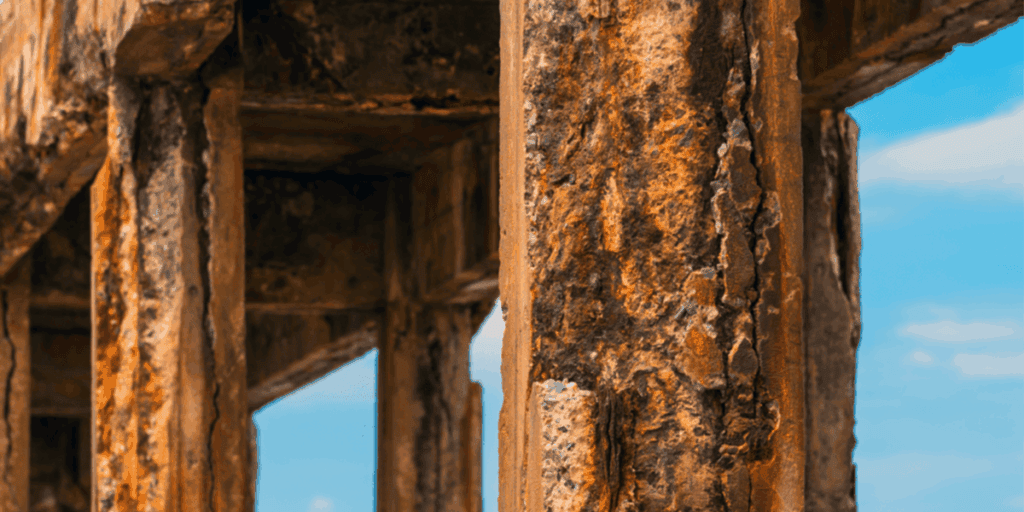 Corrosion causing spalling on a pier column - concrete needs protection from chloride attack in high-risk environments