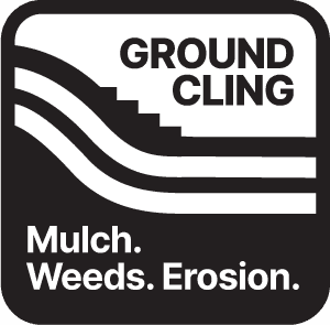 Black and white logo with stairs and wavy lines, featuring the text 'GROUND CLING' and 'Mulch. Weeds. Erosion.'.